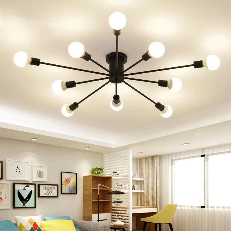 

Simple iron E27 bulb ceiling lamps led living room black lighting dining room Ceiling lights loft Cafe Bar decoration fixtures