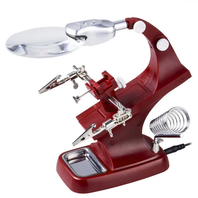 Helping Hand Clip LED Magnifying Soldering Iron Jewelry Stand Lens Magnifier Red