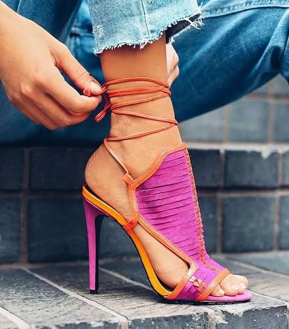 Sestito 2018 The Latest Girls Mixed Color Lace-up Ankle Strap Sandals Woman Peep Toe High Heels Slingback Shoes Lady Dress Shoes lace up cross strap lady rhinestone sandals suede woman thin heels crystal embellished lady sandals party dress high heels shoes