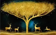 Gold foil fortune tree family deer living room wall 3d murals wallpaper for living room Gold foil fortune tree family deer living room wall 3d murals wallpaper for living room