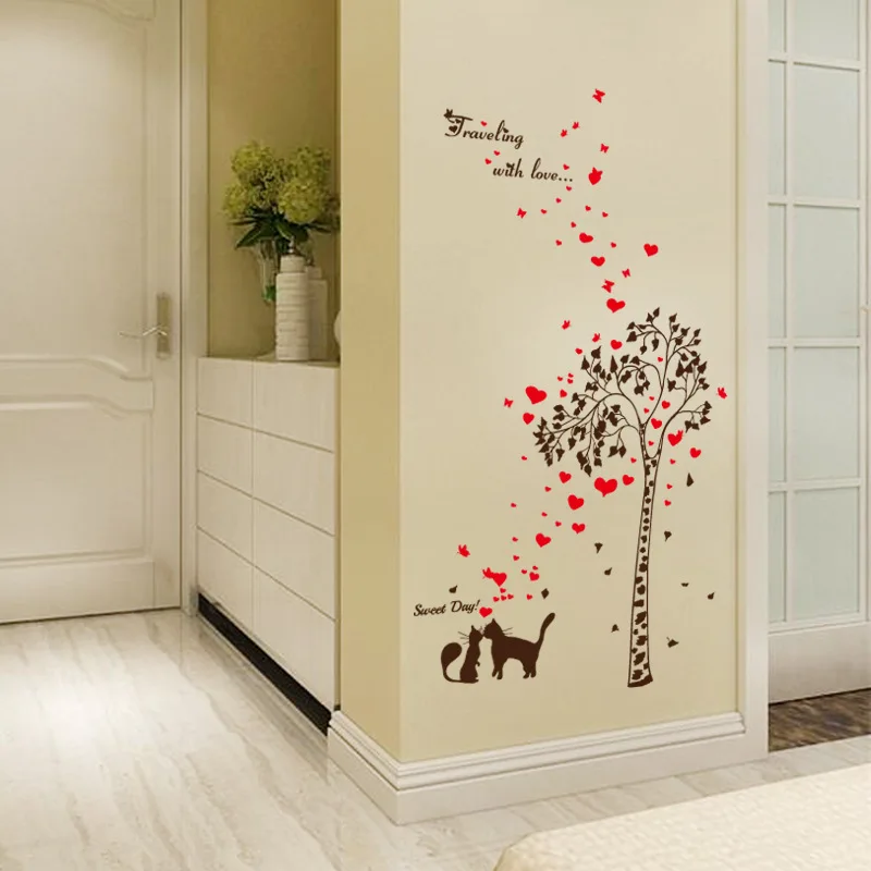 Pareja Gatos árbol de amor etiqueta de la pared TV Fondos pegatinas paredes decoración mural autocollant DIY Decoración para el hogar