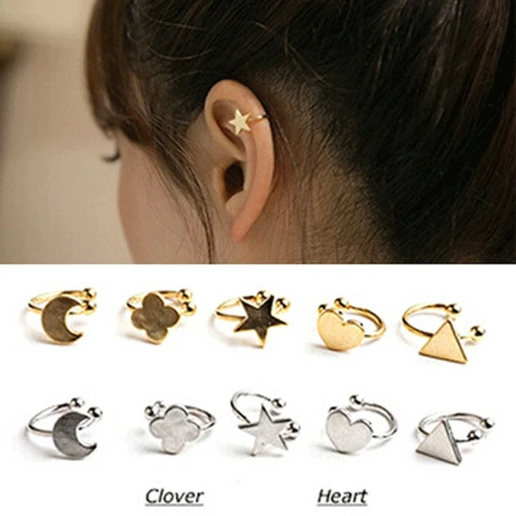 1PC Fashion Small Gold Silver Copper Moon Clover Star Heart Triangle No Pierced Earclips Earrings for Women Brincos Bijoux R016