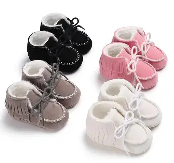 

New hot sale Winter Fabric Cotton with fur Shoes Fashion solid Fringe Baby girl boy Lace-up 4 colors baby Boots