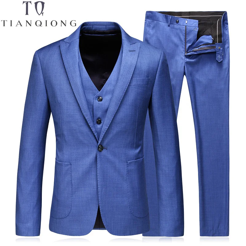 

TIAN QIONG(Jacket+Pant+Vest) Blue Color Black Slim Fit Dress Man Business Suit Latest Coat Pant Designs Wedding Suits for Men