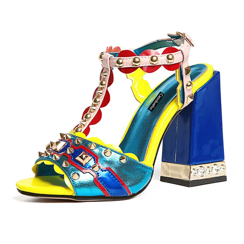

Rivets Luxury Sandals Studded Thick High Heels Wedding Shoes Woman Peep Toe Sexy Sandalias Mujer 2018 Party Lady Pumps Shoes 42