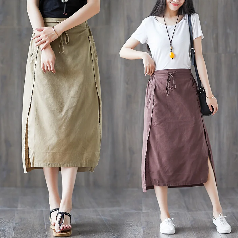 

QPFJQD Women Literary Elastic Waist Drawstring Tie Cotton Linen Summer Skirt Female High Split Cotton Casual Skirts Spring Fall