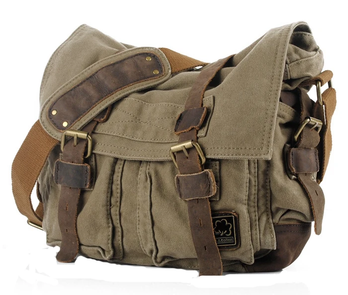 Discount  Men Vintage Style Canvas Leather Satchel School Military Shoulder Messenger Bag Fit for 17 inch Lap