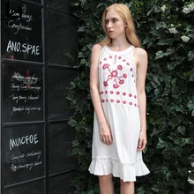 Hui Lin Summer Women Sleeveless Round Neck White Dress Cotton Red Floral Embroidery Short Dress Hot Sale New Design