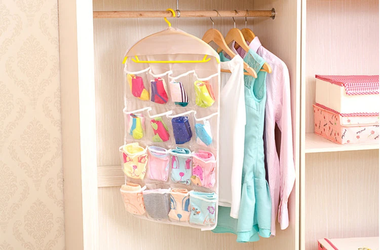 2017 new 16 Pockets Clear Hanging Bag Socks Bra Underwear Rack Hanger Storage Organizer closet clothes organizing bags (5)