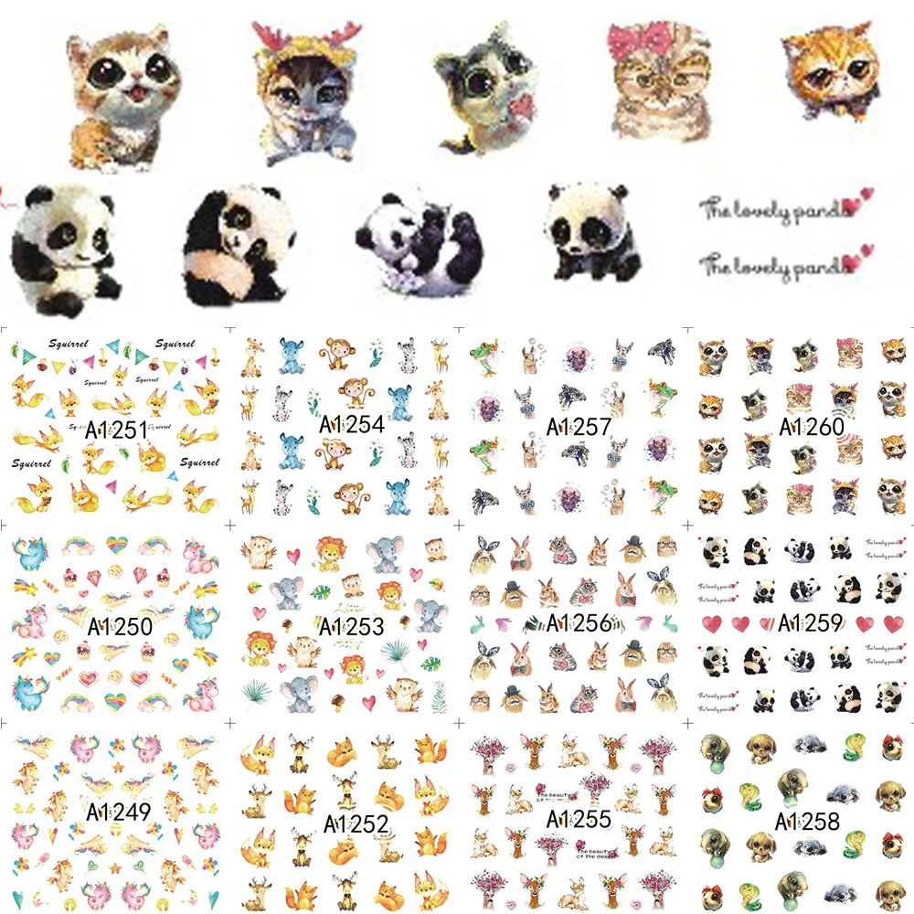 

12 Designs Cute Animal Nail Stickers Panda/Rabbit Nail Tips Decals Water Transfer Designs Decor for Nails LAA1249-1260