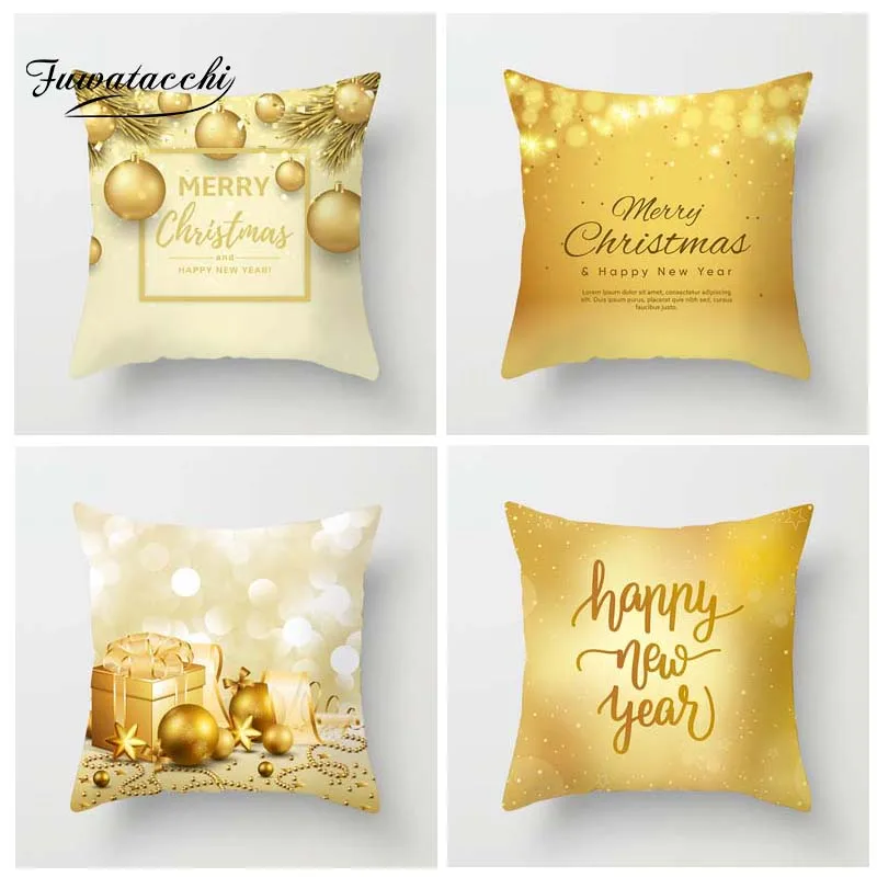 

Fuwatacchi Golden Style Cushion Cover Happy New Year Merry Christmas Printed Pillow Cover Santa Decorative Pillows For Sofa Car