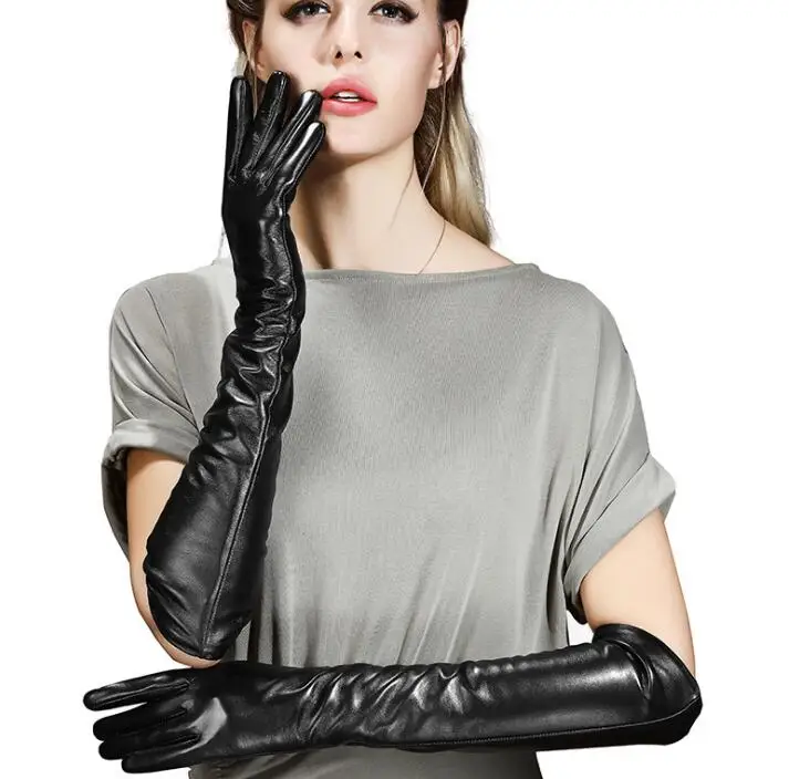 Для женщин на осень-зиму Длинные натуральная кожа перчатки женские длинные теплые натуральной овчины кожаные водительские перчатки 45 см R413