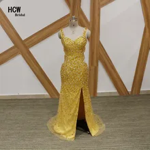 Роскошные Золотые кристаллы Бусы Русалка Вечер платье с вырезами сбоку сплит сексуальное длинное вечернее платье арабские вечерние платья