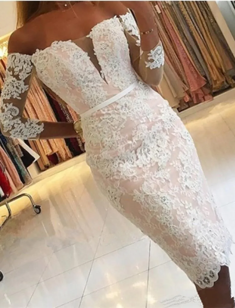 

Elegant 2019 Cocktail Dresses Sheath Sleeves Lace Beaded Knee Length Short Party Homecoming Dresses