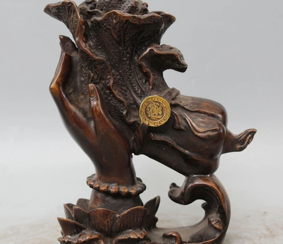 

9" marked chinese bronze Gild lotus hand Cabbage wealth Auspicious Sculpture