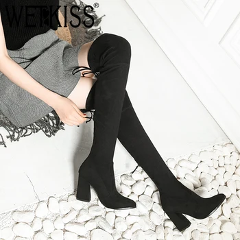 

WETKISS 2018 Faux Suede Thigh High Boots Latest High Quality Long Boots Women Thick High Heels Lace up Winter Over Knee Boot