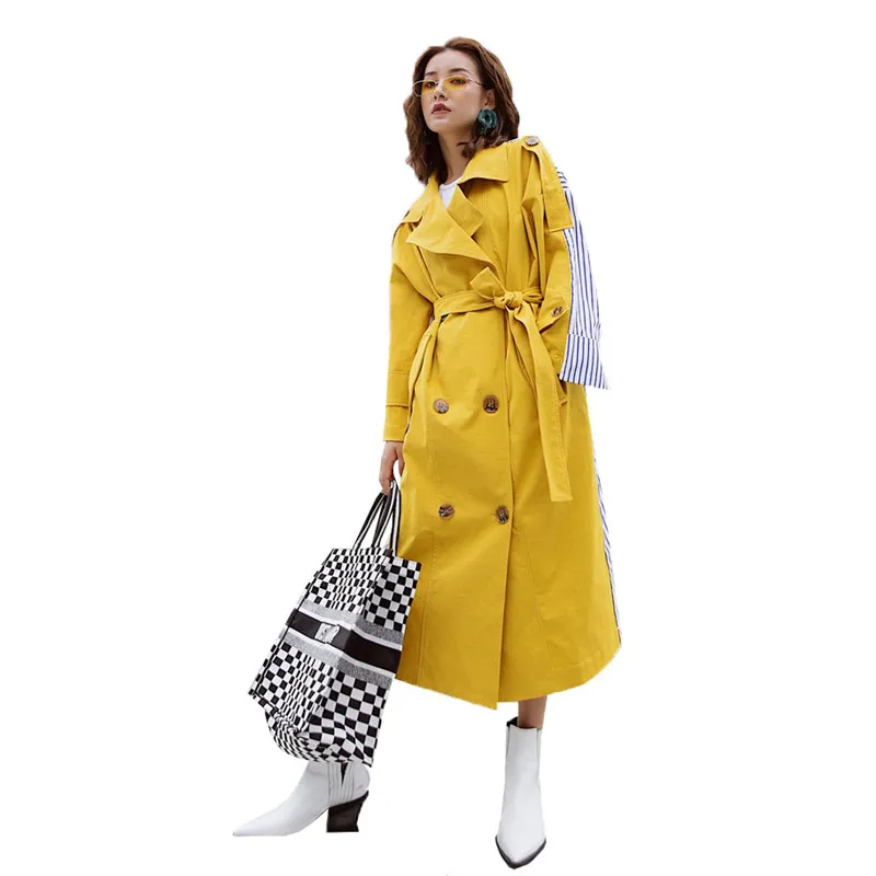 

2019 New Fashion Stripe Patchwork Sashes Back Striped Windbreaker Long Section Turn-down Collar Personality Clothes Coat BD YH31