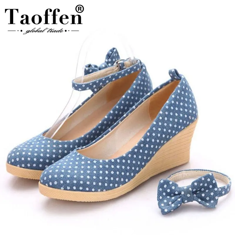 

Taoffen Women Pumps Round Toe Ankle Buckle Wedges Shoes Fashion Bowknot Daily Leisure High Heel Women Footwear Size 34-39