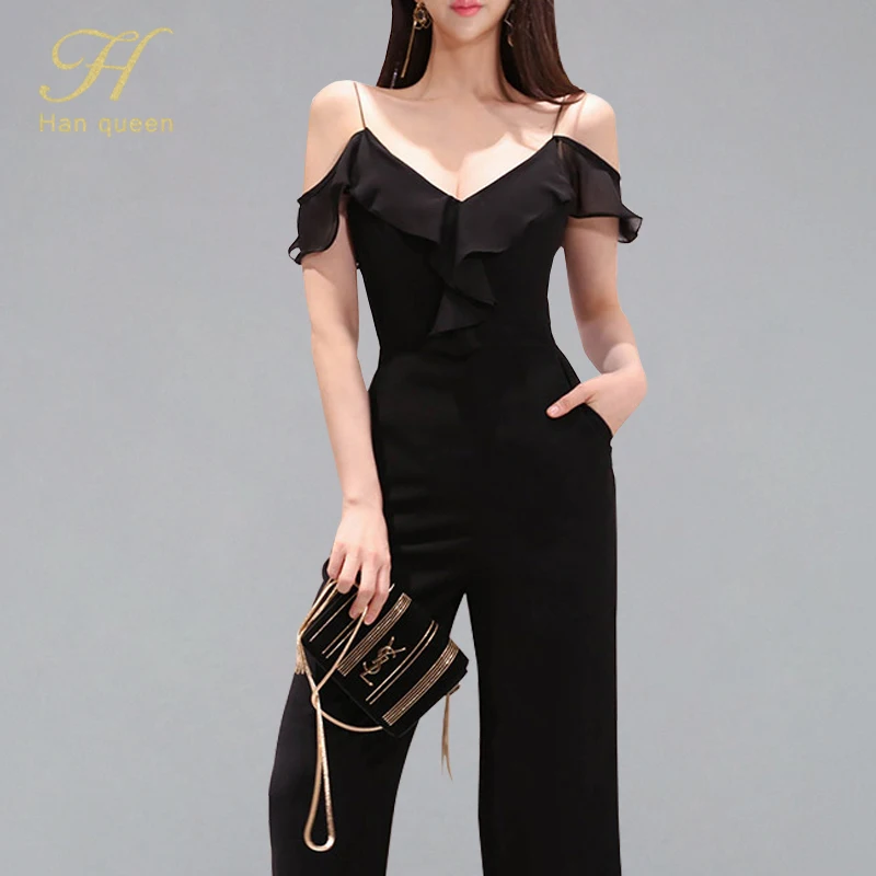 

H Han Queen Sexy Spaghetti Strap Cold Shoulder Jumpsuits Women 2019 New Casual Wide Leg Rompers Elegant Korean Style Playsuits