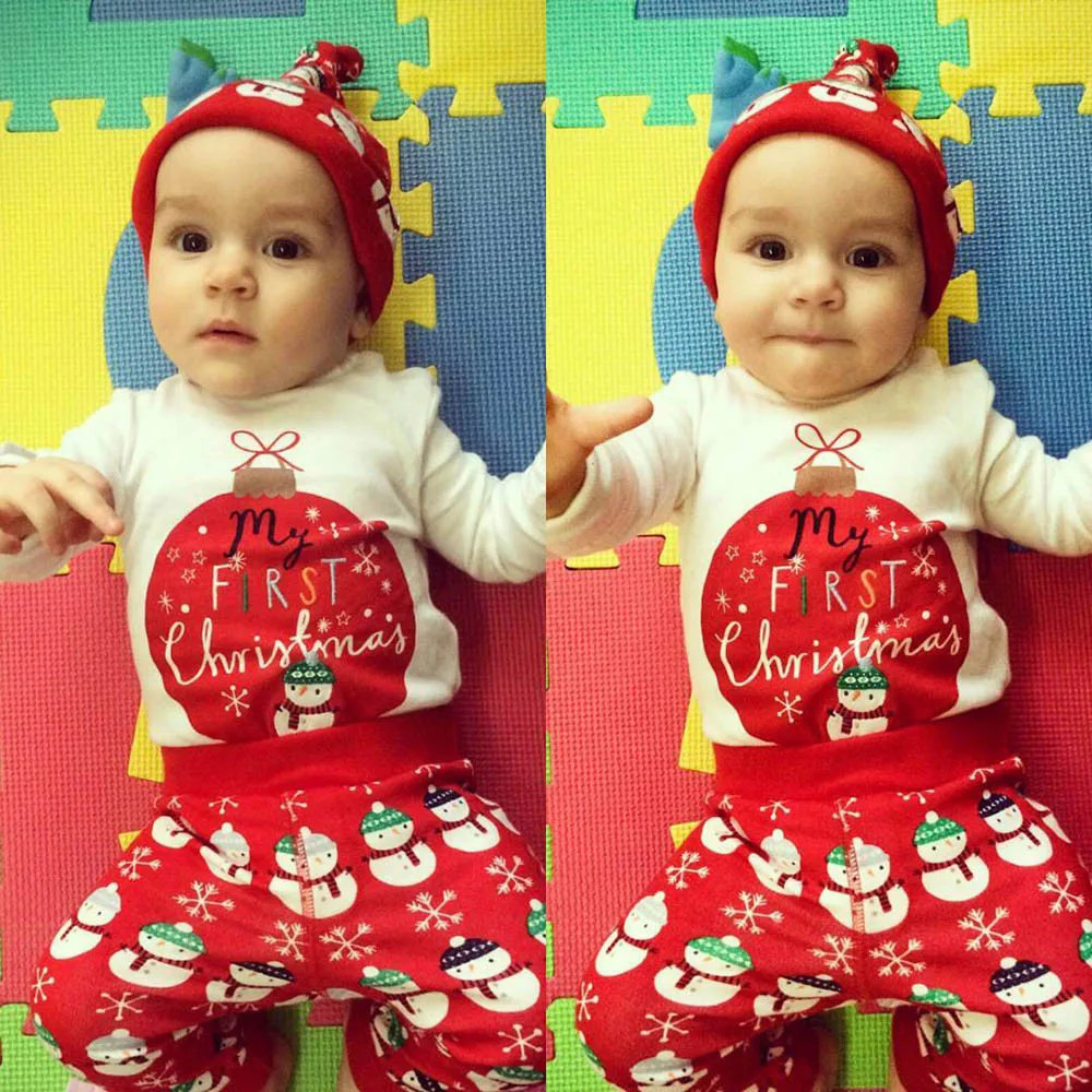 

Infant Baby Boys Girls Christmas Clothing Long Sleeve O-neck Letter Print Tops+Pants+Hat Clothing Cotton Cute Babies Outfit Set