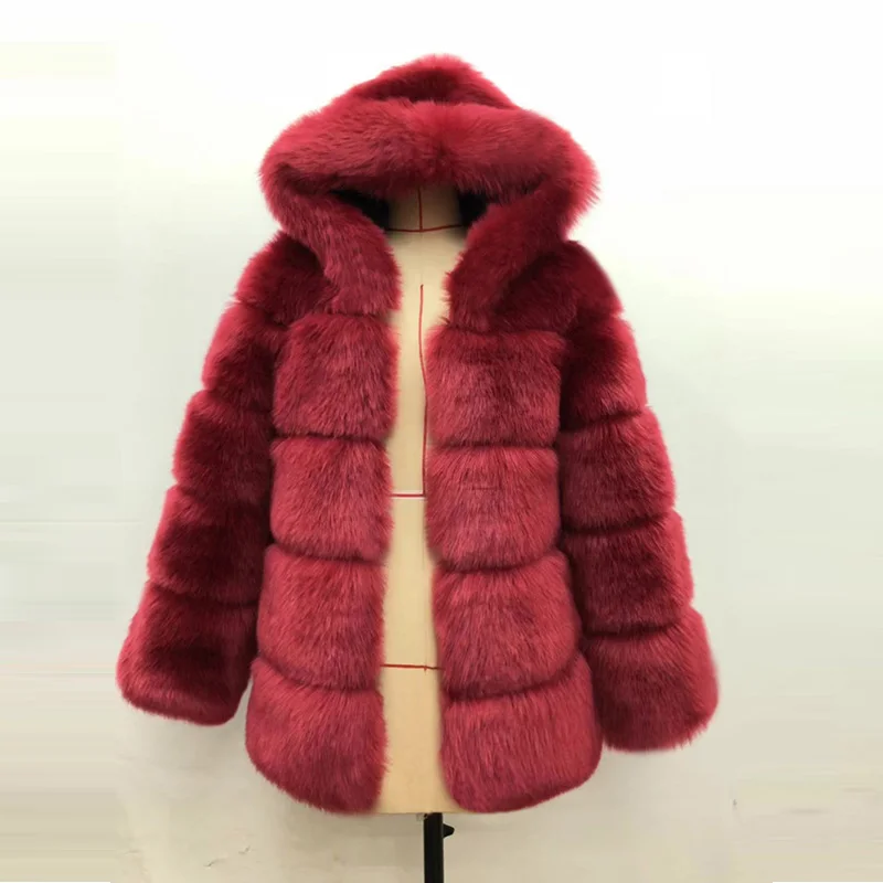 Зима Новое поступление женские шубы из искусственного меха модное пальто с длинным рукавом Искусственный мех с капюшоном искусственная Меховая куртка Верхняя одежда LJLS119 - Цвет: wine
