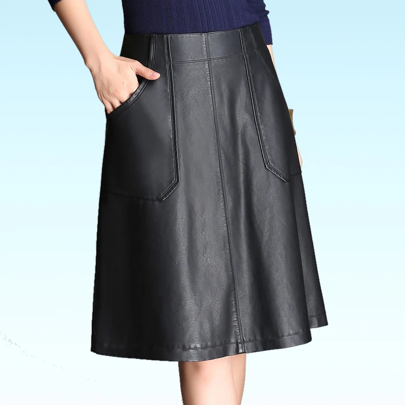 

PU Leather Midi Skirt Women office skirt autumn and winter 2019 PU skirts suit high waist black skirt female plus large size 4XL