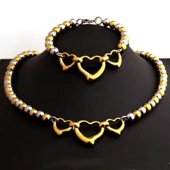 

8mm Hot Selling Fashion 316L Stainless Steel Silver Color Gold Color Beads Chain Women's Heart Pendant Link Jewelry Sets