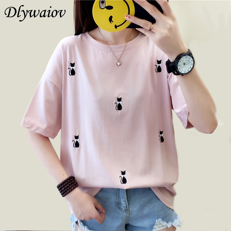 

Summer Short sleeve Women Loose T-shirt Embroidery Cat Cotton Casual Fashion Female Korean Tops T Shirt Femme Pink White Black