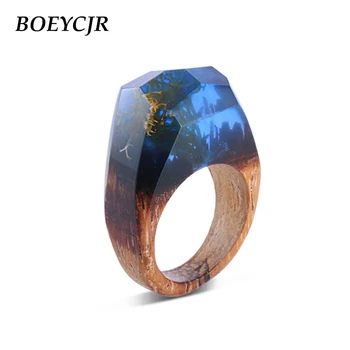 

BOEYCJR Blue Color Wood Resin Rings Fashion Jewelry Algae in the Glass Novel Wood Rings for Women For Wedding Gift