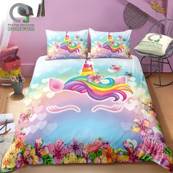 

BOMCOM 3D Digital Printing unicorn print Duvet cover set flower Unicorn face rainbow color Bedding Set 100% Microfiber