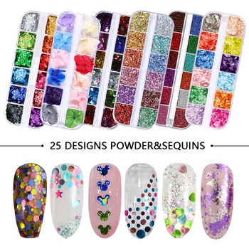 

12 Grids/Set Beautiful Dried Flower Mylar Foil Shell Paper Marble Nail Powder Sequins Nail Glitter Art Slice Decoration DIY CF