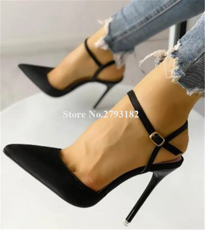 black high heel pumps with ankle strap