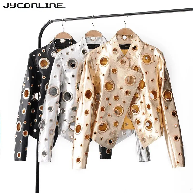 

JYConline 2019 Fashion PU Women Jacket Autumn Metal Motor Punk Bomber Jacket Silver Golden Hollow Out Jacket Female Streetwear