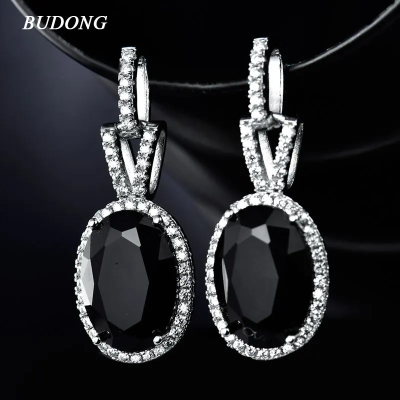 

BUDONG White Crystal Silver Color Long Bohemia Party Dangle Drop Earrings for Women Large Oval Cubic Zirconia Jewelry xuE039