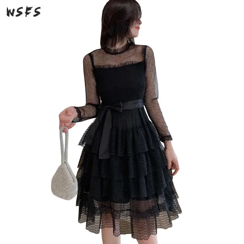 

Spring Lace Dress Oneck Patchwork Mesh Black Womens Dresses 2019 Elegant Vintage Ladies Sexy Party Bodycon Midi Ball Gown Dress