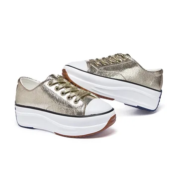 

Med Heels Ladies Casual Shoes 2019 Spring Fashion Gold Silver Women's Shoes Genuine Leather Women Sneakers Autumn Platform Shoes