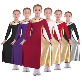 

Elegant Girls Material Color Patchwork Praise Dress Long Sleeve Praise Liturgical Dance Dress Kids Child Church Worship Costume