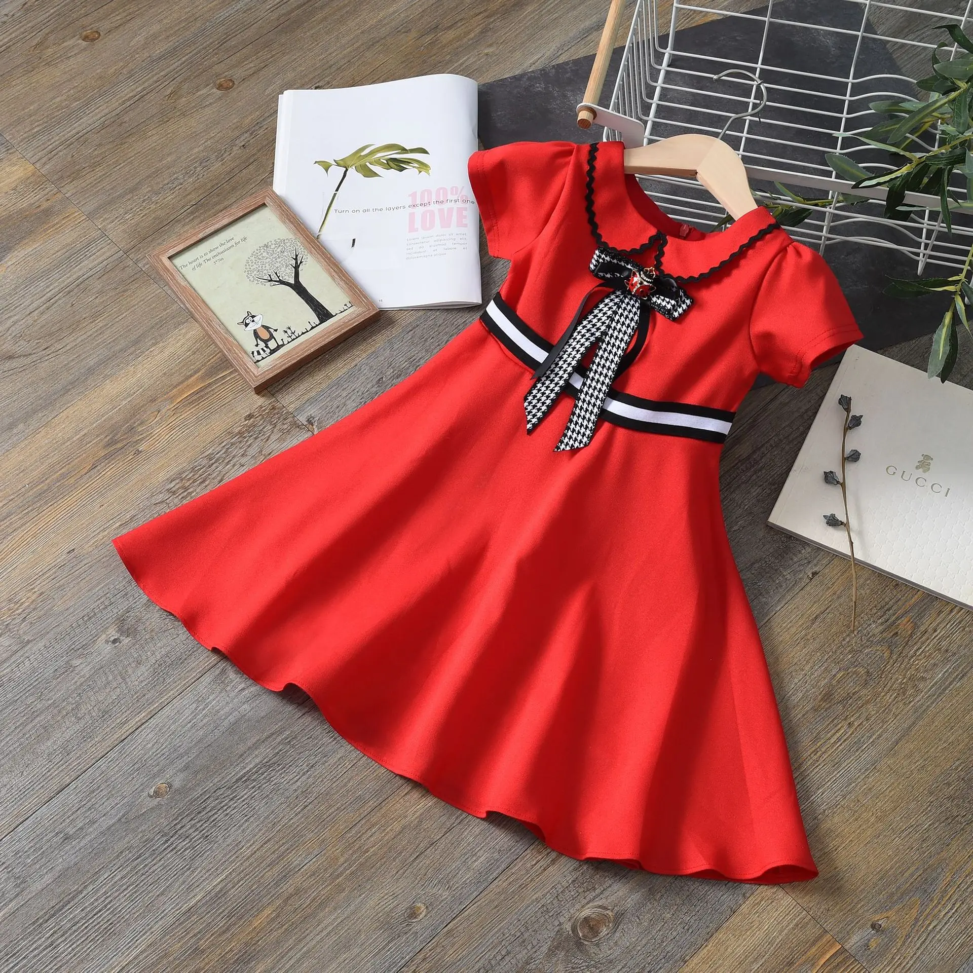 

Europe and America red O-neck Kids high quality School wear Party dress