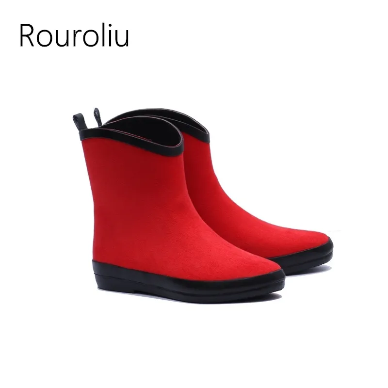 

Rouroliu Women Non-Slip Ankle Rain Boots Waterproof Fabric Water Shoes Woman Slip-on Wellies Solid Color RB16