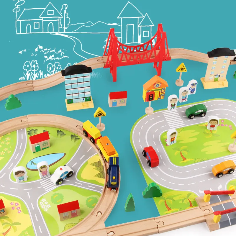 

82pcs Wooden Train Bridge Wood Train Railway Set with Map Children's Educational Parent-Child Interactive Toys Boys Kids Gifts