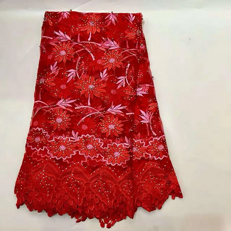 Beads stones Net Guipure water soluble embroidery lace Red beautiful