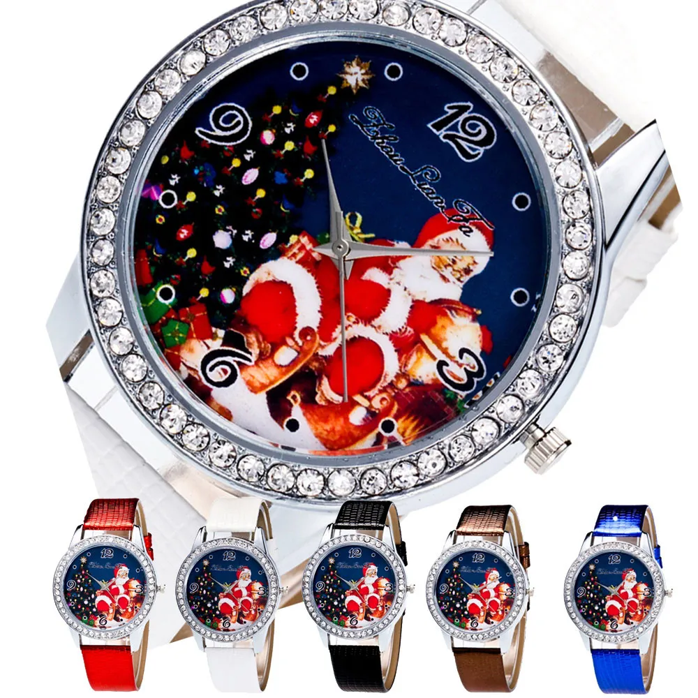 Рождественские подарки женские часы модные часы с рисунком Санта Клауса женские часы со стразами кожаный ремешок наручные часы черный