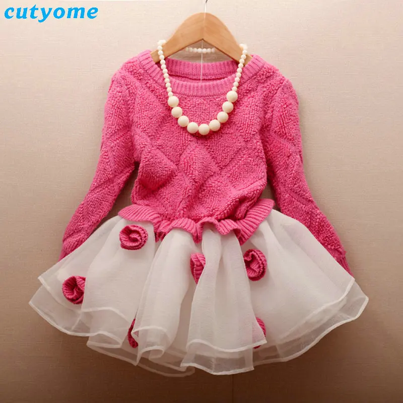 Toddler Kids Girls Pink Sweaters Knit Baby Princess Patchwork Dress