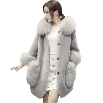 

2018Women Faux Fur Coat With Fox Fur Collar High Quality Hooded Long Warm Fake Fur Jacket Winter Outerwear Ladies Fur Coats LJ91