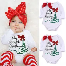 Hot Sale Newborn Baby Girl Long Sleeve Romper Jumpsuit My First Christmas Bownot Head Band Outfits Clothes