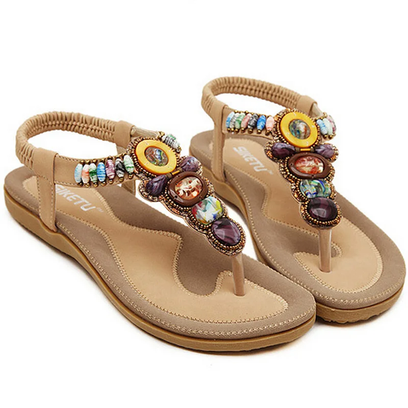 

New 2017 summer fashion beading bohemia women sandals confortable lining flat shoes size 41 42 Elegant retro female sandal