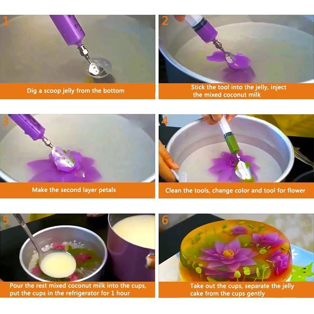 

Newly 10 Pcs/Set 3D Gelatin Jelly Flower Art Tools Stainless Steel Nozzle Syringe Kit Pudding Cake Decorating Tool TE889