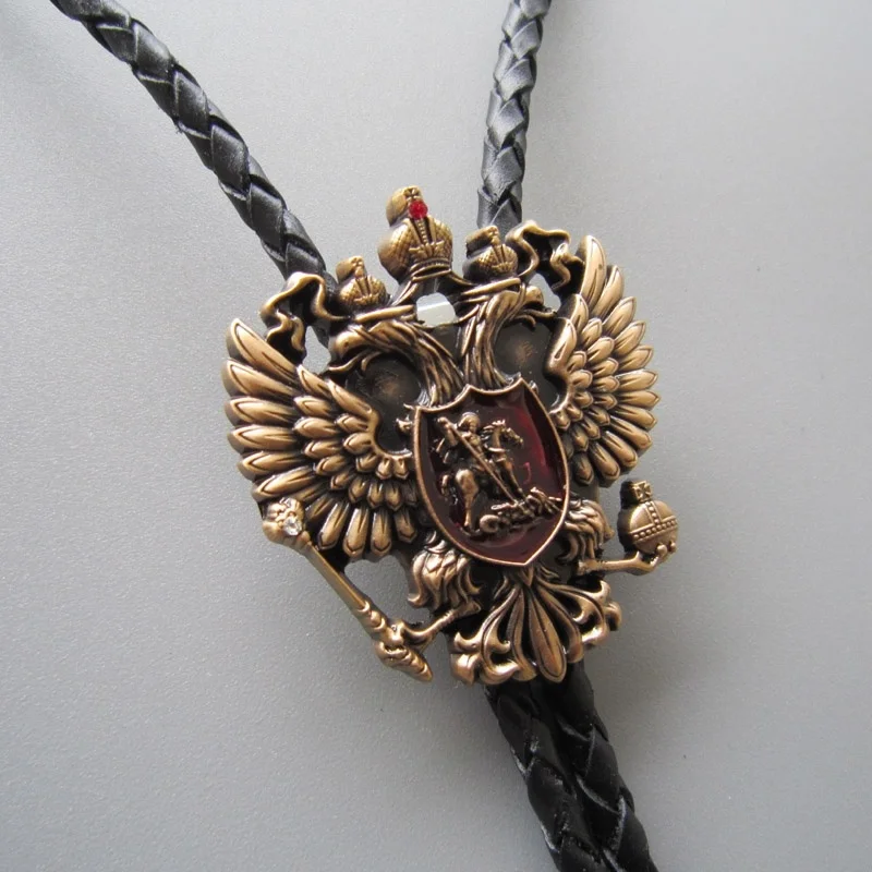 

Original Antique Gold Russian Double Headed Empire Eagle Rhinestone Bolo Tie Necklace Neck Tie