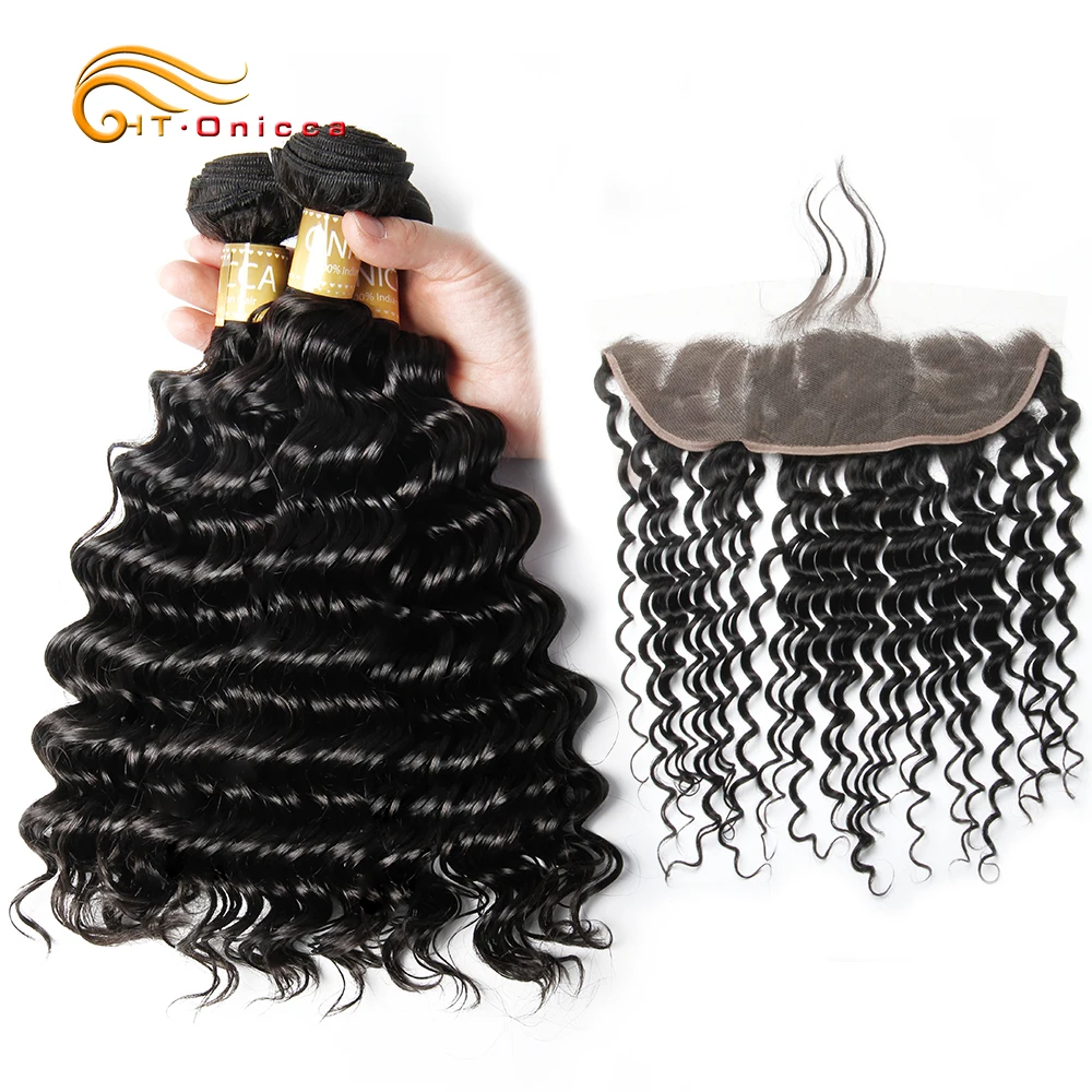 

Onicca Deep Wave Human Hair 3 Bundles With Frontal Closure Malaysian Non Remy Hair Pre Plucked Lace Frontal With Bundles