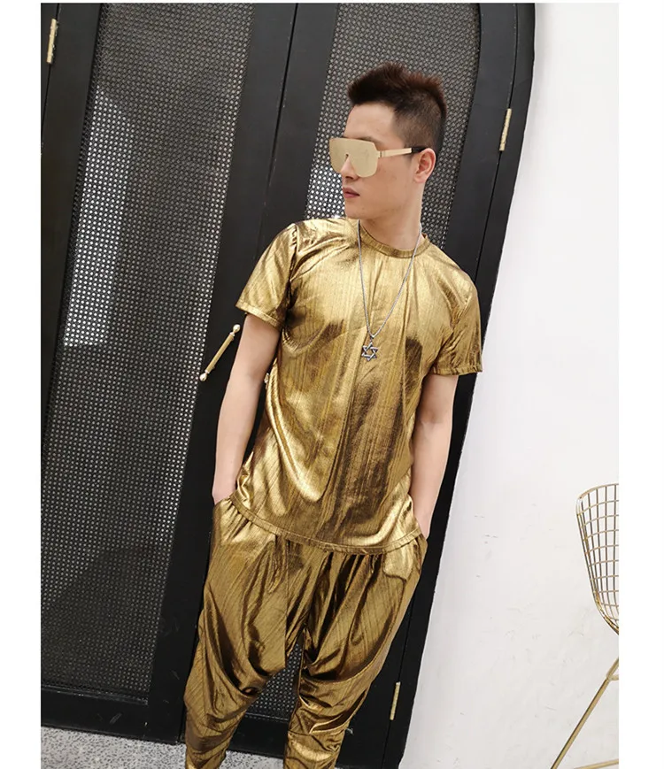 Блестящие Золотая Футболка Hallen брюки для девочек костюм летний для мужчин комплект прилив певица Мода сценический наряд хип хоп Рок диджей